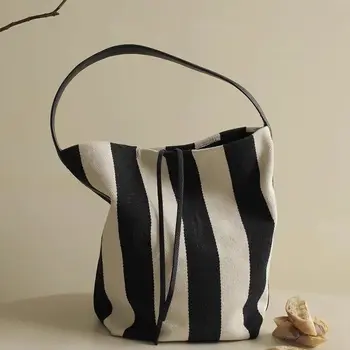 Женская сумка-тоут из полосатого холста, повседневная модная простая мягкая сумка через плечо, кошельки и сумочки большой вместимости
