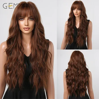 Темно-золотисто-коричневый синтетический парик с челкой, длинные волнистые парики для женщин, косплей из натуральных волос в стиле афро, Повседневное использование, Термостойкое волокно