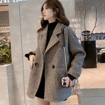 Шерстяная куртка с отложным воротником в британском стиле, Офисная Женская Свободная хлопковая теплая куртка 2023, Новая осенне-зимняя модная женская куртка