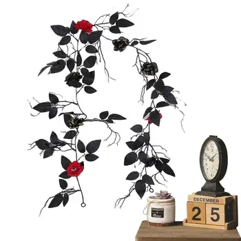 Гирлянда из черных листьев Черная Гирлянда на Хэллоуин с красной Розой длиной 5,6 фута, поддельная Черная искусственная Гирлянда на Хэллоуин, сделай САМ, Черные поддельные листья