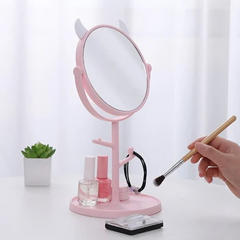 Настольное зеркало для макияжа с кошачьими ушками, вращающееся на 360 °, основание столешницы, используемое для путешествий в ванную комнату, Обычное туалетное зеркало со светодиодной подсветкой с держателем