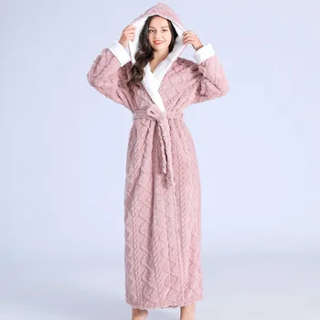 Плотный женский теплый халат, Однотонный женский халат с капюшоном, Флисовый халат с длинными рукавами и карманами, Фланелевый банный халат для женщин