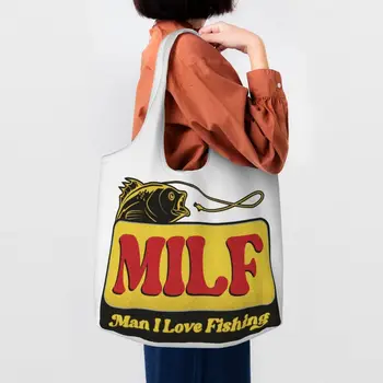 Recycling Milf Man I Love Fishing Хозяйственная сумка Женская холщовая сумка через плечо Прочные Продуктовые сумки для покупок Сумки