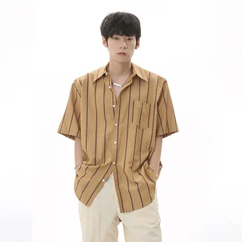 Повседневные рубашки в полоску для мужчин SYUHGFA, модная уличная одежда, летний тонкий кардиган в корейском стиле, модные мужские топы с короткими рукавами