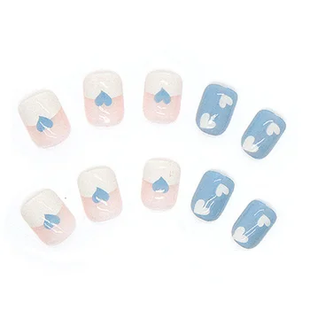 Синие и белые короткие накладные ногти, долговечный безопасный материал, водонепроницаемые накладные ногти для женщин и девочек, маникюрный салон