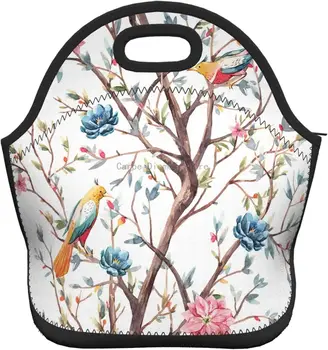 Акварельная Неопреновая сумка для ланча с изоляцией из весеннего цветущего дерева С красивыми перьями, птицами, розовыми и голубыми цветами, сумка