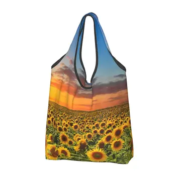 Цветущие Подсолнухи Большие многоразовые сумки для покупок Моющиеся Складные продуктовые сумки Sunset 50 фунтов Сверхмощные подарочные сумки-тоут