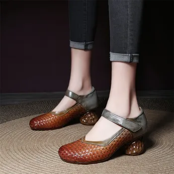 YourSeason Винтажные женские туфли на среднем каблуке из натуральной кожи с круглым носком Ручной работы 2023 Новинка
