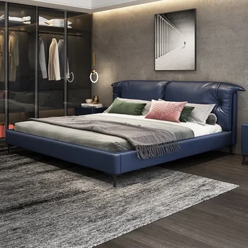 Светлая роскошная кровать Современная скандинавская спальня с атмосферной сеткой Красная кровать Синяя кровать из натуральной кожи