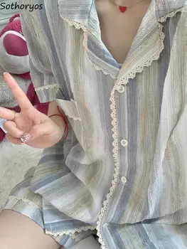 Полосатые пижамные комплекты, женские Милые кружевные вставки, летняя Новая пижама для школьниц, шикарная повседневная одежда в корейском стиле с коротким рукавом, уютная двойка