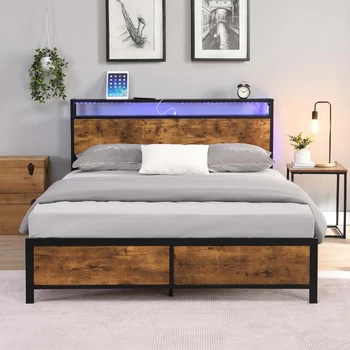 Компактный промышленный каркас кровати, бесшумный, со светодиодной подсветкой, 2 USB-портами и хранилищем, не требуется пружинный блок, коричневый в деревенском стиле [US-W]