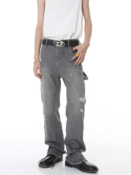 Мода Y2k Однотонные поношенные джинсы Мужская модная одежда Летний тренд Джинсовые брюки с заусенцами и дырками Прямые брюки в корейском стиле