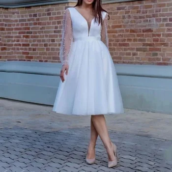 Романтические короткие свадебные платья трапециевидной формы с сетчатыми рукавами в стиле пэчворк, белое атласное тюлевое платье с жемчугом, винтажное свадебное платье с V-образным вырезом, вечерние платья