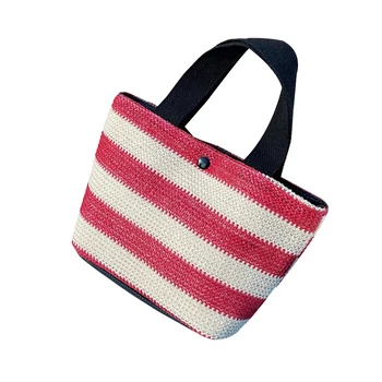 Женская тканая сумка-тоут, соломенная сумка в цветную полоску с магнитной застежкой (красный, хаки, темно-синий, черный)