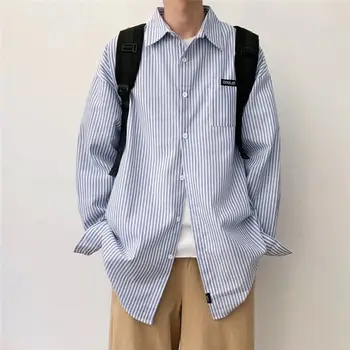Корейская версия, Японская винтажная Повседневная однотонная Мужская одежда в полоску с принтом, Свободный тренд, рубашка с длинным рукавом Hong Kong Breeze