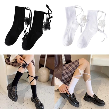Женские носки на шнуровке, носки до икр в цветочек в стиле Лолиты, Студенческие носки для девочек JK, носки средней длины, хлопковые пинетки, Носки