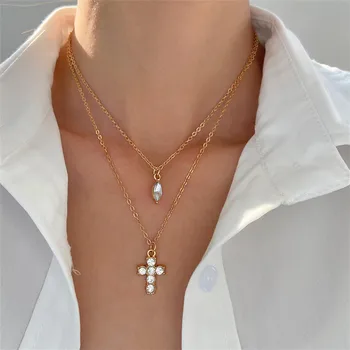 Новая двухслойная цепочка, Винтажный Хрустальный крест, подвеска-чокер, ожерелье для женщин, Y2K, Ювелирные подарки e805