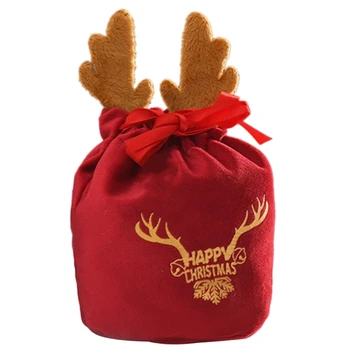 Фестивальная бархатная сумка на шнурке, Рождественская подарочная коробка с очаровательной вышивкой оленя 594C
