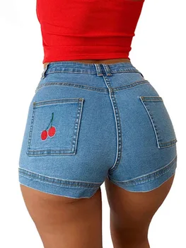 Liooil/ Женские стрейчевые джинсовые шорты с вышивкой, летние с высокой талией и карманами, хлопковые выстиранные винтажные сексуальные рейвовые узкие короткие джинсы