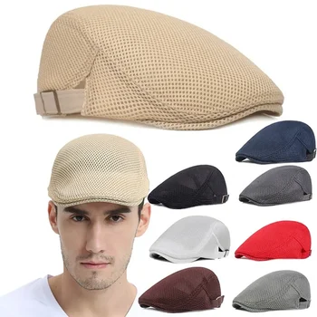 Мужские береты Сетчатые Британские винтажные плоские кепки Gatsby Мужские Однотонные Серые Черные Весенне-осенние Береты Регулируемые шляпы для водителей