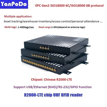 Yanpodo RS232 / TCP IP / USB UHF RFID фиксированный считыватель 300 меток в секунду Дальность действия 30 м RFID 4 порта UHF считыватель для отслеживания активов
