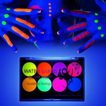 8-Цветная светящаяся ультрафиолетовая роспись лица, неоновая флуоресцентная палитра для росписи тела, принадлежности для вечеринок на Хэллоуин для детей и взрослых