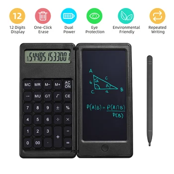 Складной калькулятор и 6-дюймовый ЖК-планшет для письма, цифровой блокнот для рисования, 12-значный дисплей, добавить стилус, кнопку стирания для использования в школе