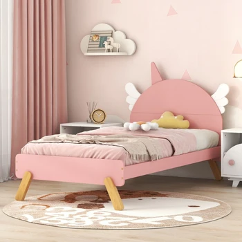 Розовая деревянная симпатичная кровать с изголовьем в форме единорога, кровать на платформе двойного размера, легко монтируется для внутренней мебели для спальни
