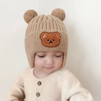 Зимняя детская шапочка-бини с мультяшным медведем, защита ушей, вязаная шапка для маленьких мальчиков и девочек, милые Корейские теплые Детские вязаные шапочки Gorros