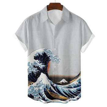 Новинка лета, мужские гавайские рубашки с короткими рукавами и 3D принтом, повседневные топы в пляжном стиле с лацканами, модная одежда в стиле ретро.