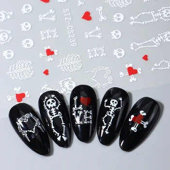 3D наклейка для ногтей на Хэллоуин, Белая кость Черепа, Дизайн Любви, Милый мультяшный слайдер, Фестиваль, Праздничные наклейки для ногтей, Фольга для маникюра, Декор