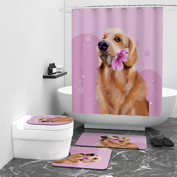 Набор для ванной комнаты с 3D-принтом собаки / кошки, занавеска для душа, набор ковриков для ванной, коврики для декора туалета, коврик 01