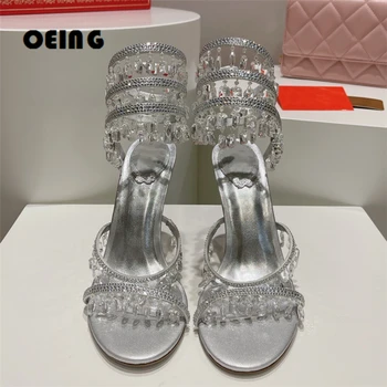 Женские босоножки на шпильке, украшенные кристаллами, сексуальные гладиаторские сандалии со спиральным ремешком на щиколотке с открытым носком, женские туфли для свадебной вечеринки