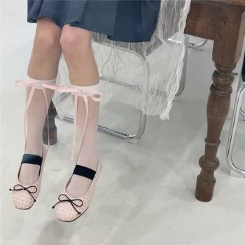 Y2K Gilr, носки для икр с милым бантом из ленты, прозрачные носки в стиле Лолиты, униформа JK, носки до середины икры, летние женские носки