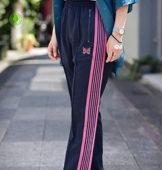 Спортивные штаны с иглами 23FW премиум-класса для бега в полоску с вышитой бабочкой, мужские женские повседневные брюки AWGE с бирками