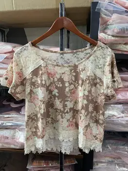 Распродажа Япония Liz Lisa Хлопчатобумажная трикотажная блузка с цветочным принтом Кружевной сетчатый пуловер Рубашки с коротким рукавом