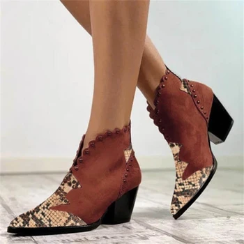 Продается женская обувь Кожаные сапоги в стиле вестерн на танкетке и высоком каблуке Со змеиным рисунком, весенне-осенние женские ретро-ботинки с острым носком