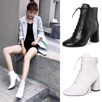 2024 Классические модные полусапожки Женские Белые черные ботильоны со шнуровкой, кожаная удобная обувь на молнии сзади в европейском и американском стиле