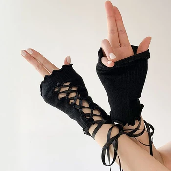 1 пара перчаток в стиле Лолиты Y2K, Милая девушка, Кружевные оборки на рукавах, готические перчатки без пальцев JK для женщин, аксессуары для косплея