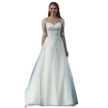 Свадебные платья Pastrol A Line С кружевными аппликациями и коротким рукавом, свадебное платье со шлейфом на пуговицах сзади, Кантри Vestidos De Noiva