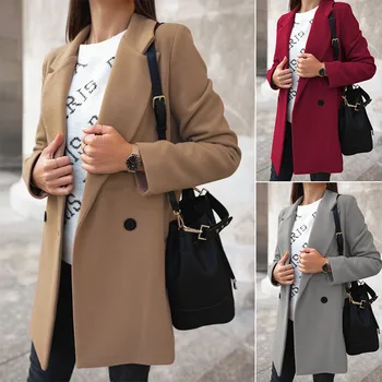 2023 Модный Осенне-зимний Женский Двубортный шерстяной блейзер с длинным рукавом, однотонное пальто, женская тонкая куртка-стойка цвета Хаки, кардиган