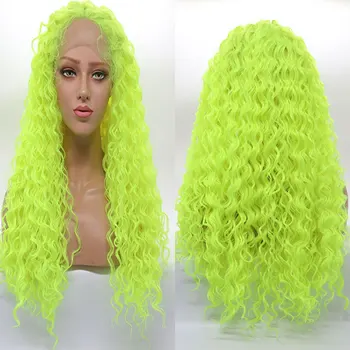 Ярко-зеленый цвет, Синтетический парик на кружеве, Упругое Вьющееся Термостойкое волокно, натуральные волосы без пробора для женщин, парики