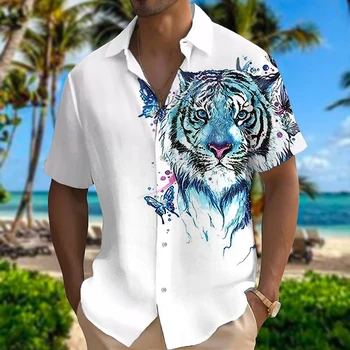 Летняя мужская рубашка Модный цветной животный 3D принт Aloha Рубашка Высококачественная повседневная рубашка с квадратным вырезом Мужская простая одежда