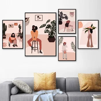 Модная абстрактная настенная роспись растений с листьями девушки в скандинавском ретро стиле, плакат и настенная картина для печати в гостиной, настраиваемая