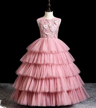 Платье для вечеринки в честь Дня рождения девочки с переливающимися розовыми стразами, Кружевные бретельки, Пачки принцессы без рукавов, Детский торжественный костюм