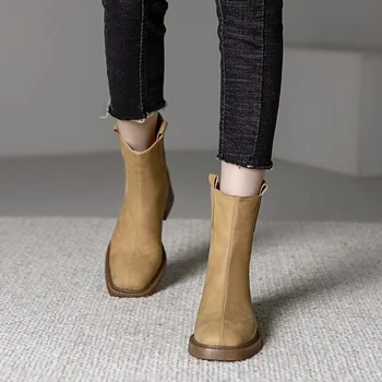 Женские ботильоны, новинка 2023 года, осенние зимние ботинки на толстом каблуке с застежкой-молнией сзади, модная уличная зимняя однотонная повседневная обувь