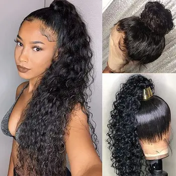 360 HD Прозрачные парики с кружевом спереди, предварительно выщипанные человеческие волосы, глубокая волна, полностью кружевной Бразильский кудрявый парик из человеческих волос для чернокожих женщин