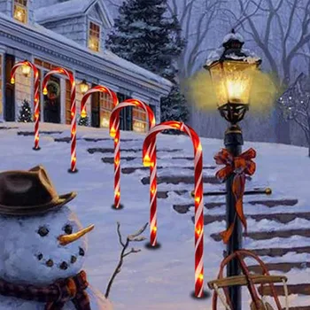 Рождественские напольные светильники на солнечной энергии на открытом воздухе С одним прицепом и пятью рождественскими лампами из конфетного тростника, Праздничный декор для вечеринки во внутреннем дворе