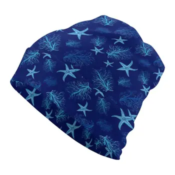 Темно-синие шляпы-капоты с морскими звездами, Коралловые Акварельные тюбетейки, женские мужские ретро-эластичные шапочки-бини, Зимние кепки с принтом в стиле Хиппи