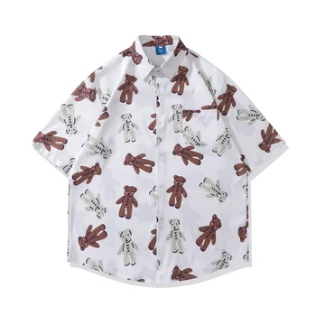 Летняя рубашка с короткими рукавами в стиле ретро с веселым Медведем, мужская модная брендовая Свободная пара, Повседневная рубашка с цветочным принтом